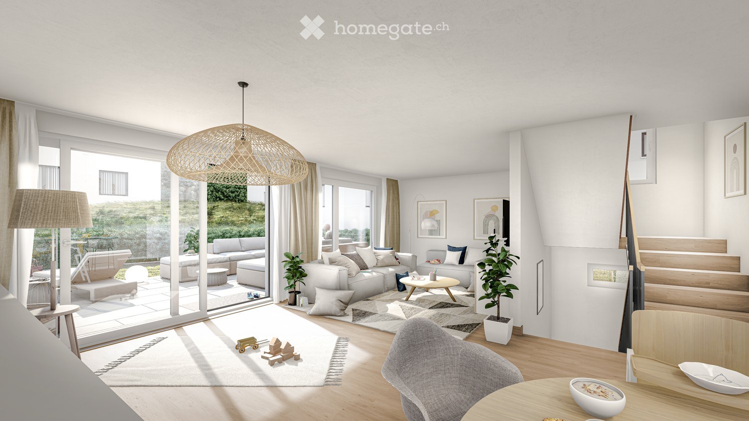 modern living room, white walls, wooden floor, large windows, sliding glass doors, balcony, sofa, coffee table, lamps, plants, dining table, chairs
