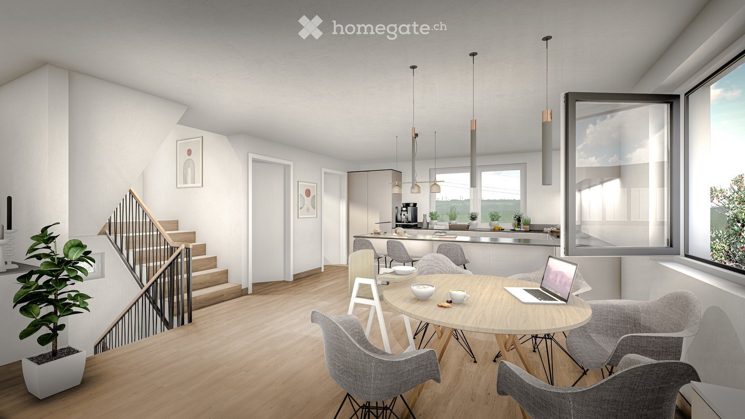 Dining room, kitchen, living room, stairs, large window