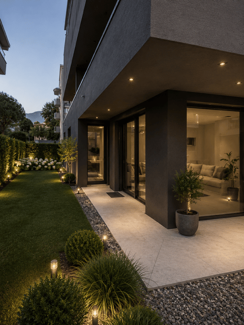 Modern house exterior with a well-maintained garden, illuminated pathway, and large glass doors leading to a living room with visible furniture.