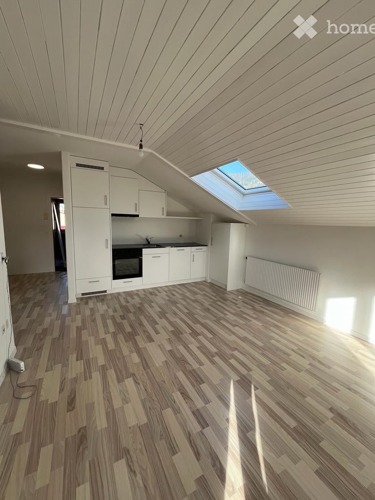 empty room, wooden floor, white ceiling, white kitchen, skylight