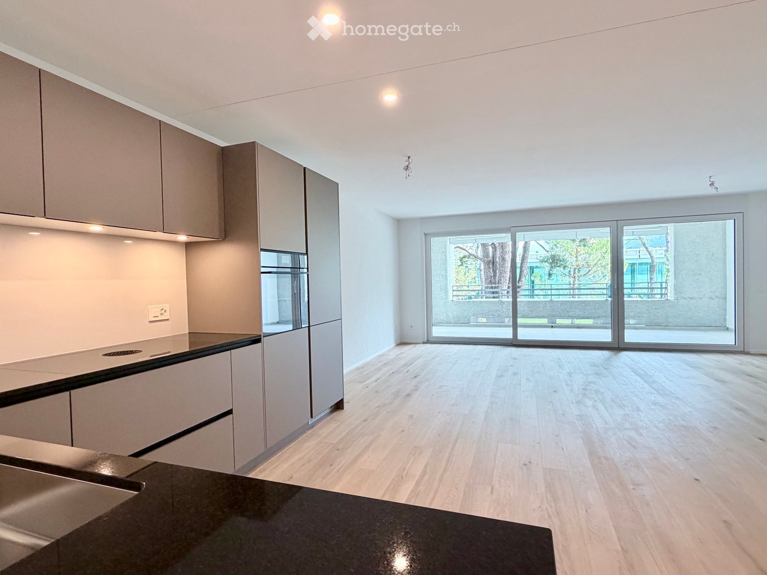 Open-plan kitchen and living area with light wood flooring, modern cabinetry, and large glass sliding doors leading to an outdoor space.