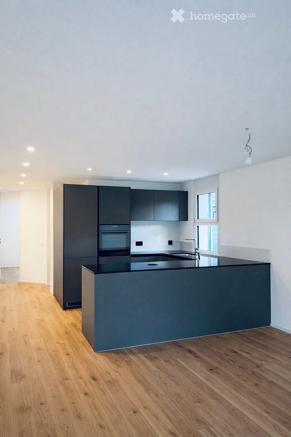 modern kitchen with black cabinets, black countertops, wooden floor, built-in oven, sink, faucet, and dishwasher