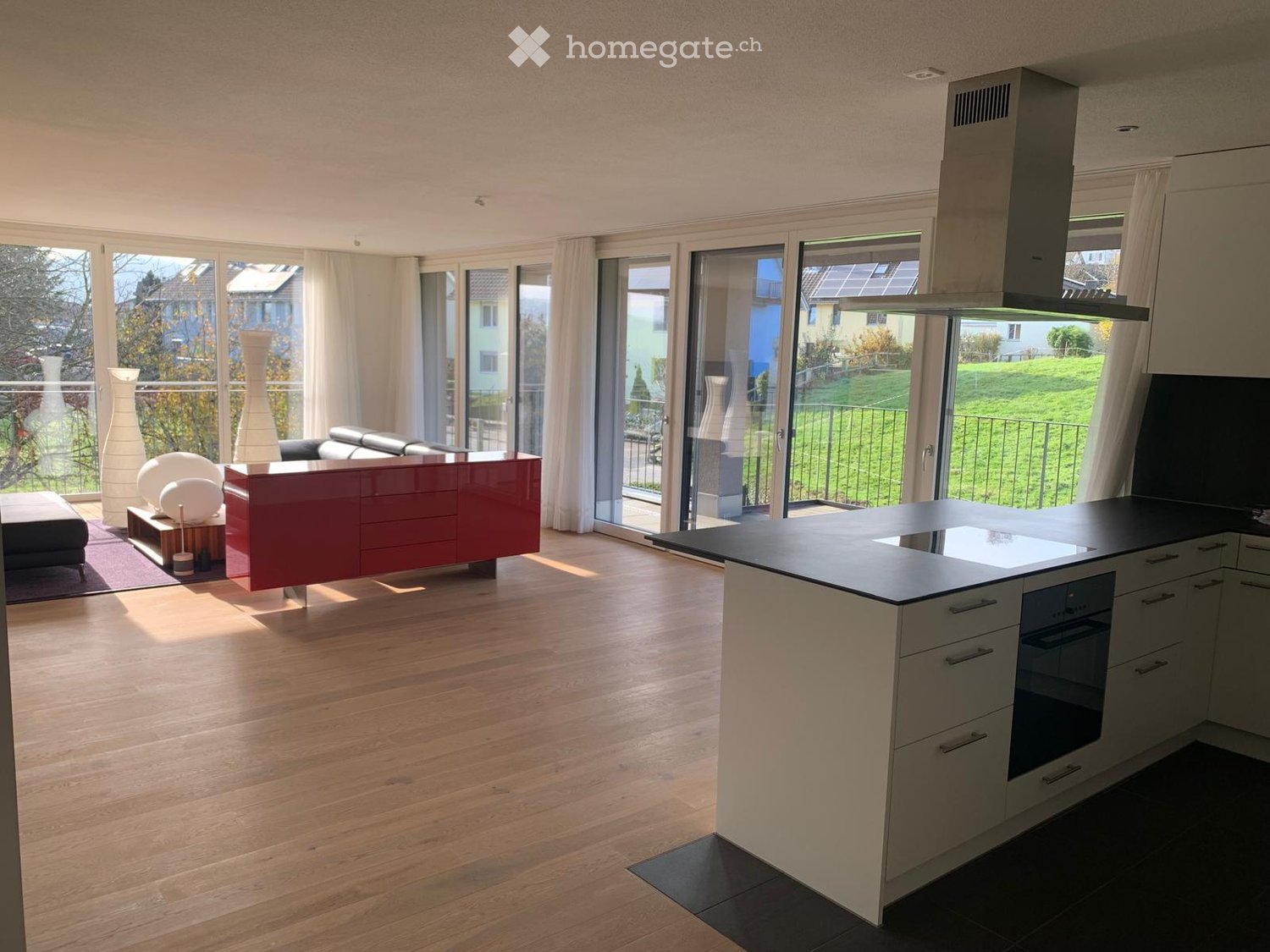 open plan living and kitchen area, large windows, balcony, hardwood floors, modern furniture, kitchen island, black countertops, stainless steel appliances