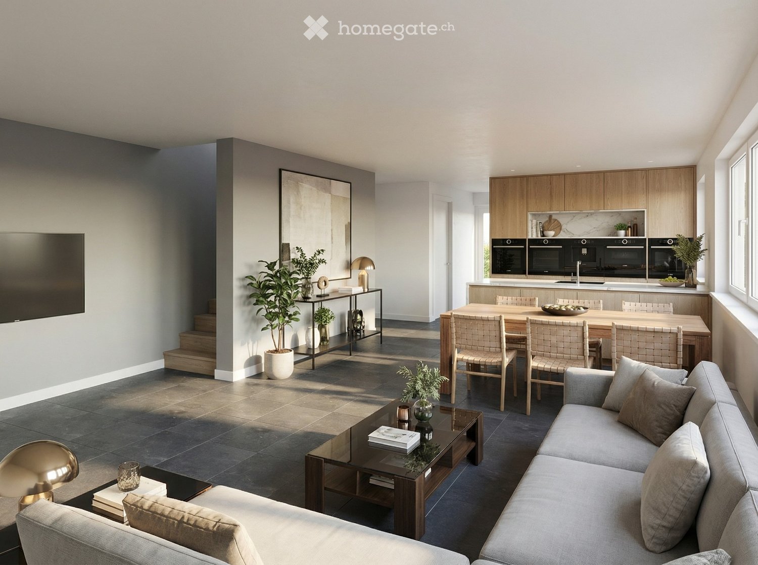 open plan living room, dining area, modern furniture, large windows, plants, flat screen TV, coffee table, couch, dining table, chairs
