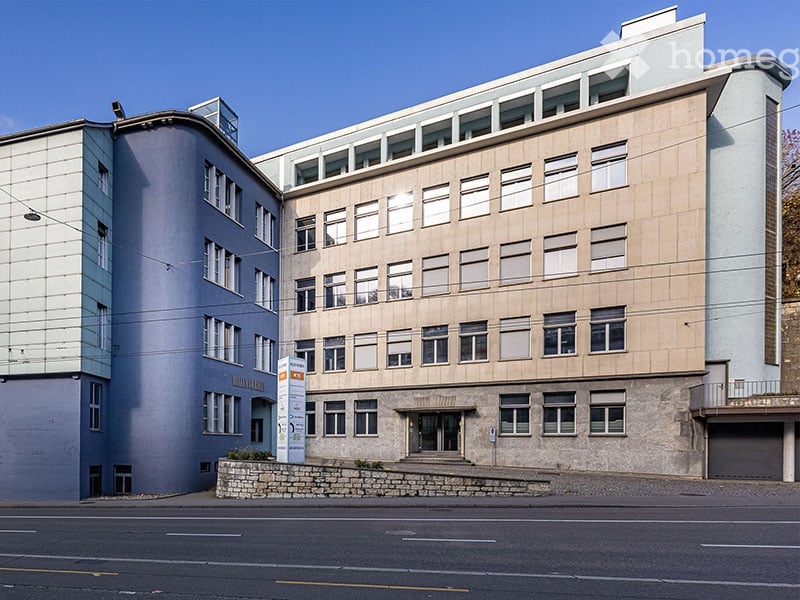 Two buildings, one with blue walls and the other with beige walls, multiple windows, entrance, street light, road