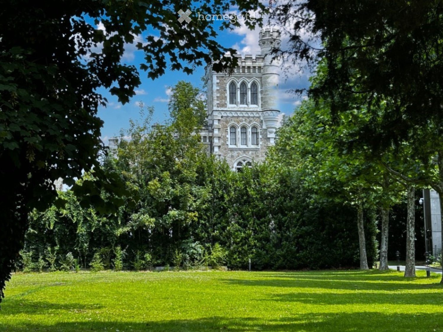 large green lawn, trees, bushes, castle in the background