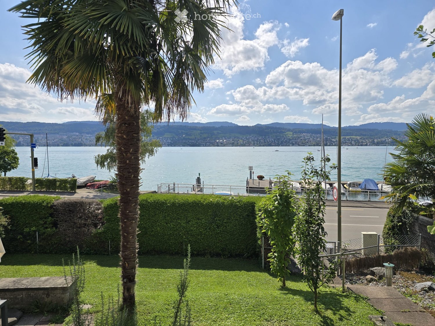 lake view with mountains in the background, palm tree, boat docks, traffic signs, sidewalk, and greenery