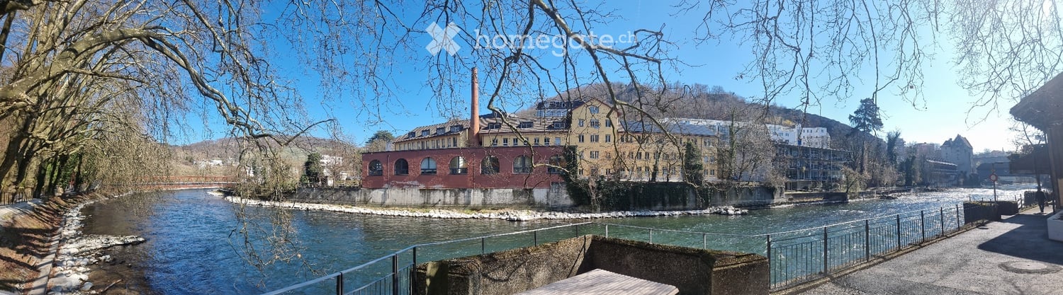A large building with a chimney, surrounded by trees and a river with a fence