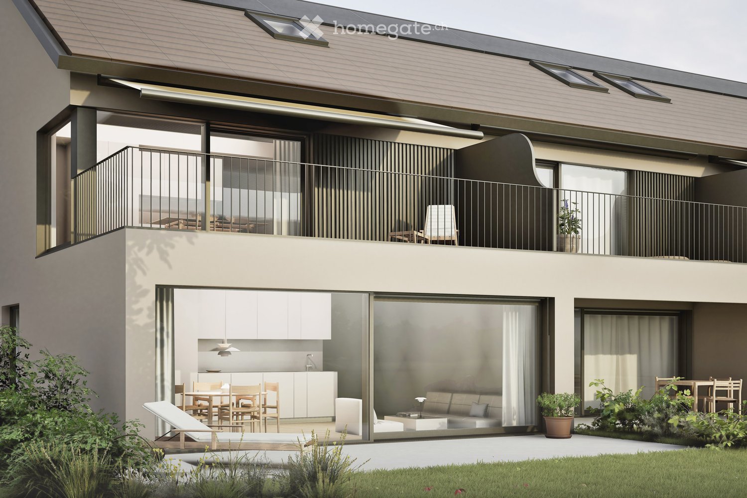 Modern two-story house with solar panels, large glass doors, balcony, and outdoor seating area