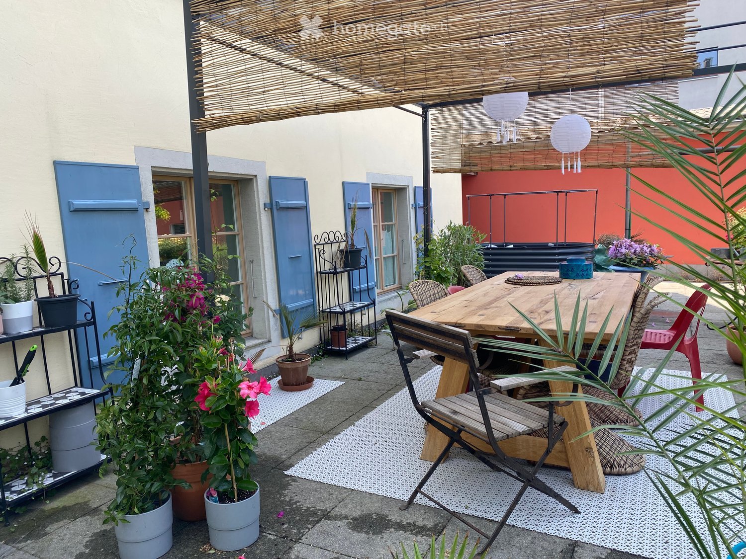 Outdoor dining area with wooden table and chairs, bamboo pergola, various potted plants, decorative items, and a rug.
