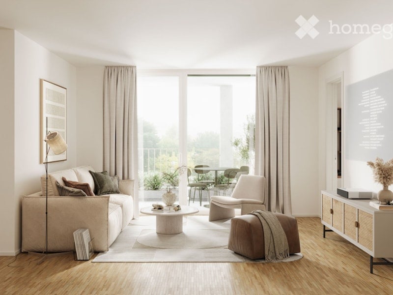 modern living room with white walls, wooden floor, large windows, balcony, couch, coffee table, side table, chair, rug, cabinet, artwork