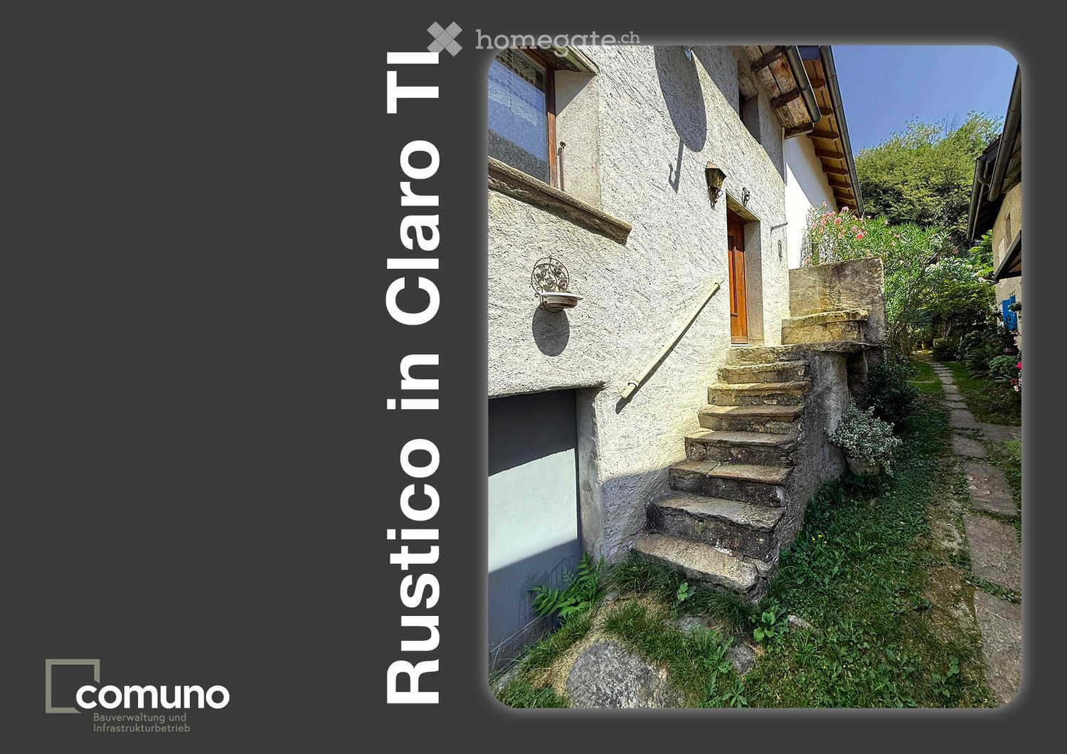Rustic house with stone steps leading to the entrance, white walls, wooden door, small garden with plants and a pathway
