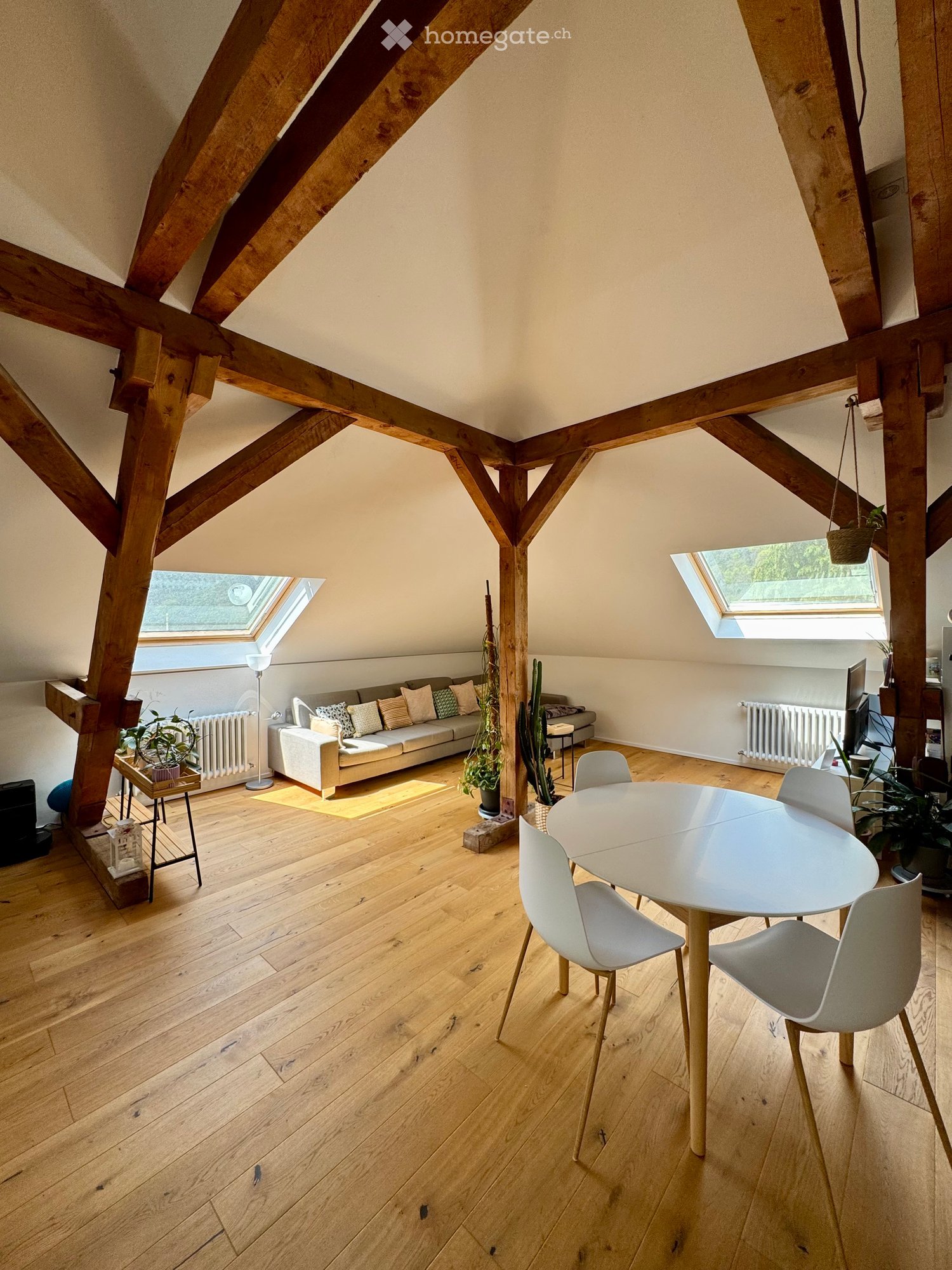 wooden beams, wooden floor, round table, white chairs, couch, radiator, plants, skylights