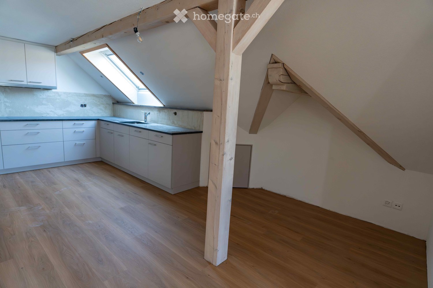 new kitchen with open shelves, tiled floor, wooden beam, window, white walls