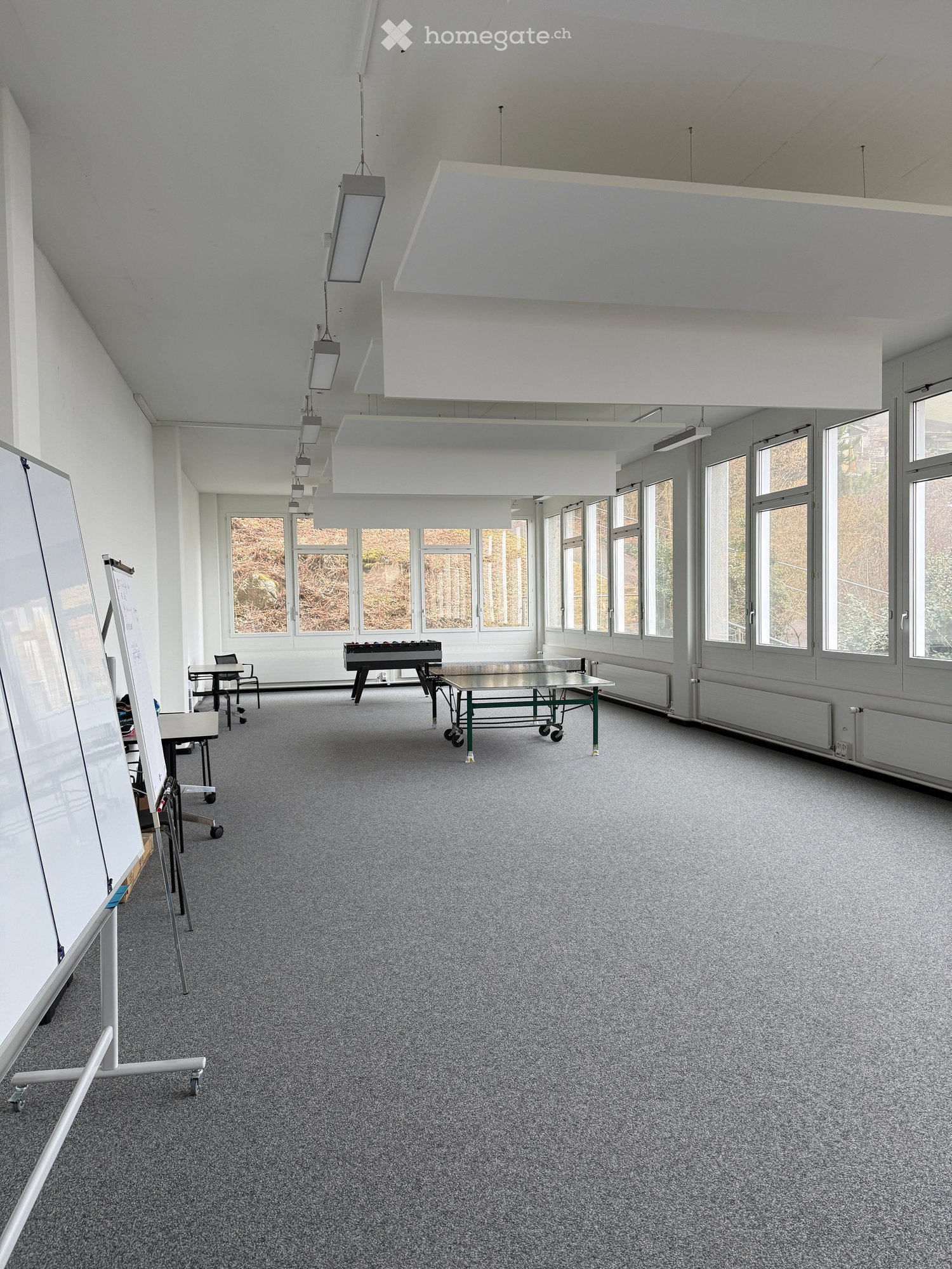 large room, white walls, gray carpet, large windows, ping pong table, whiteboard, tables, chairs