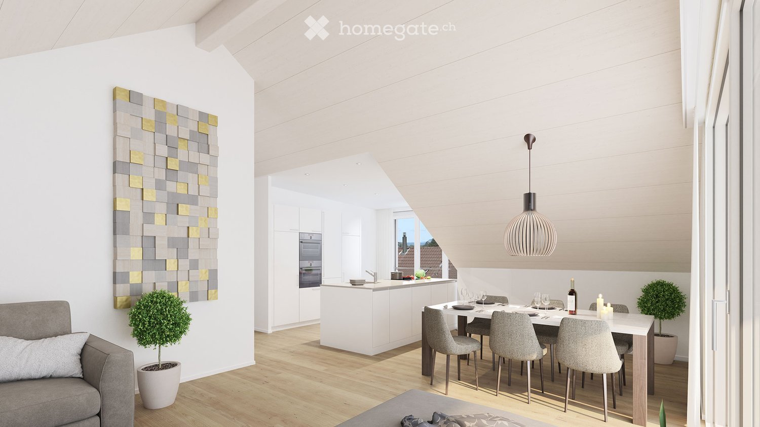 Dining area with a table and chairs, a kitchen with an oven, a couch with a pillow, a potted plant, and a decorative wall panel.