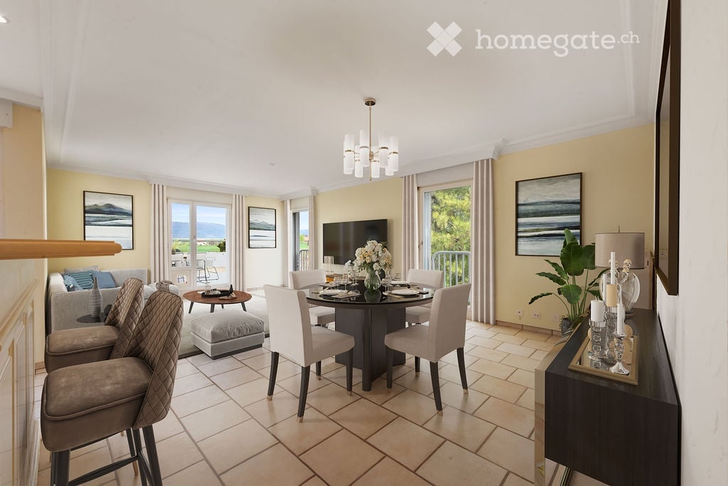 Dining room with round table, chairs, chandelier, TV, couch, balcony, windows, paintings, plant