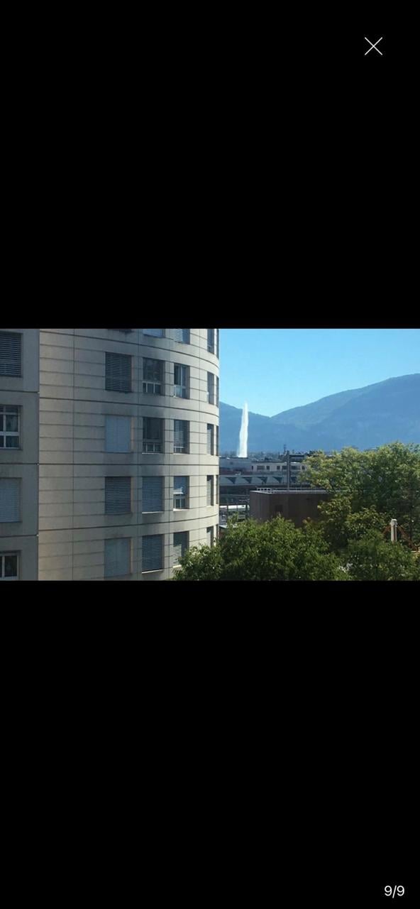 High-rise building with multiple windows, surrounded by trees, mountains in the background, clear sky