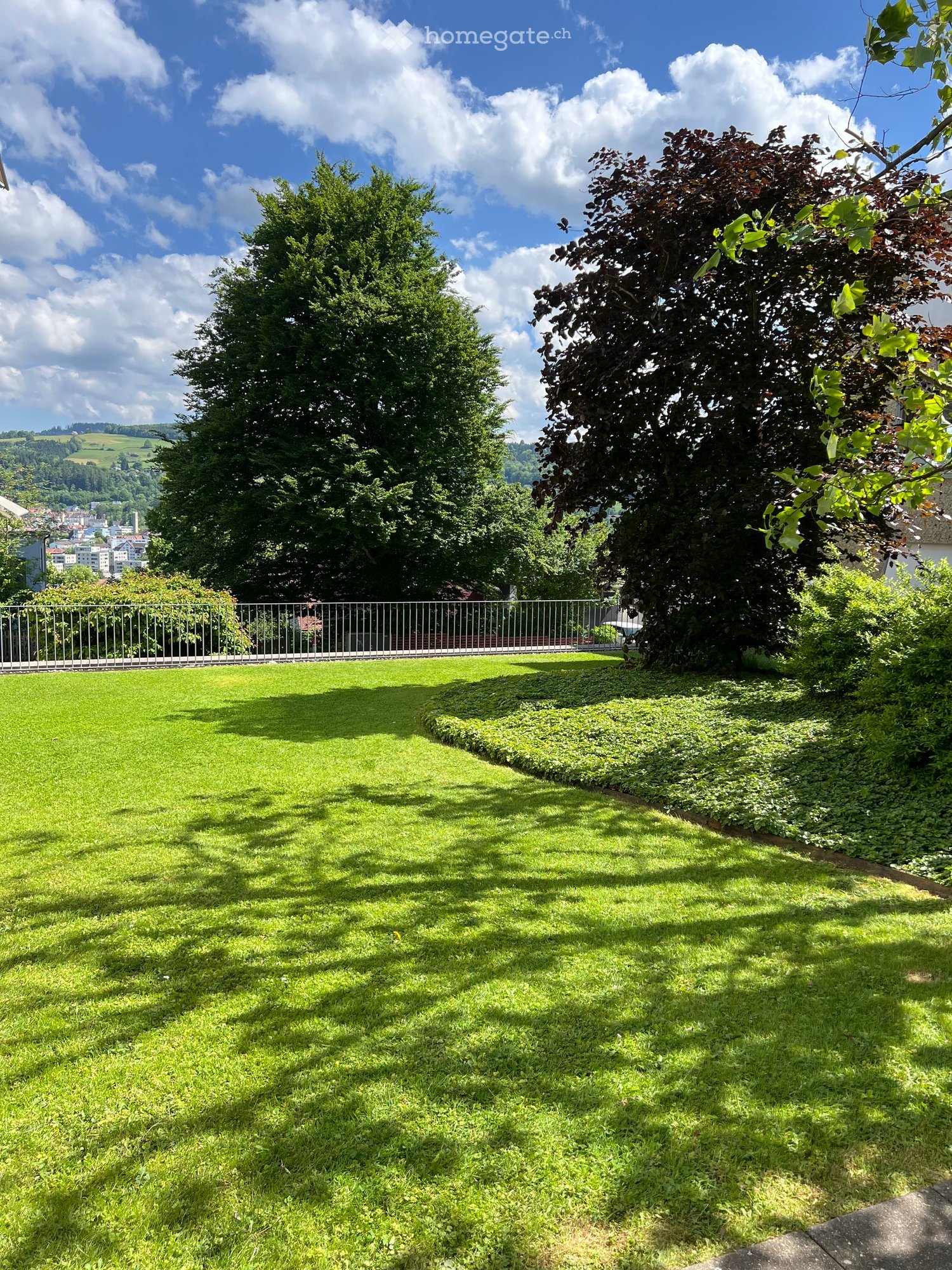 large green lawn, metal fence, trees, bushes, city view