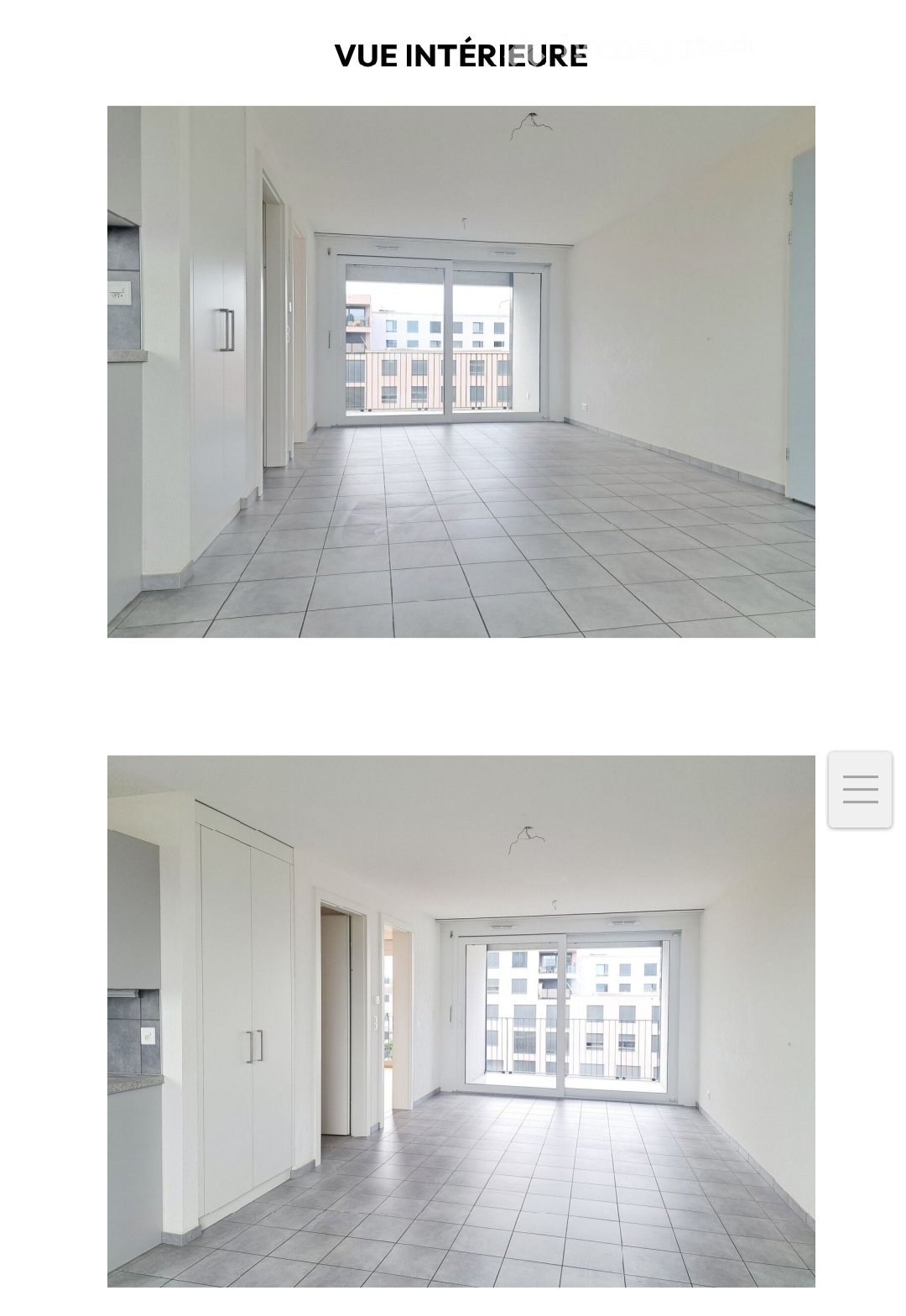 Empty room with sliding glass doors leading to a balcony, tiled floor, white walls, and a view of the outside buildings.