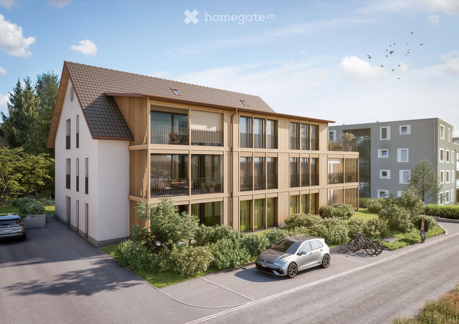 3 story apartment building, brown roof, wooden balconies, parking lot, cars parked