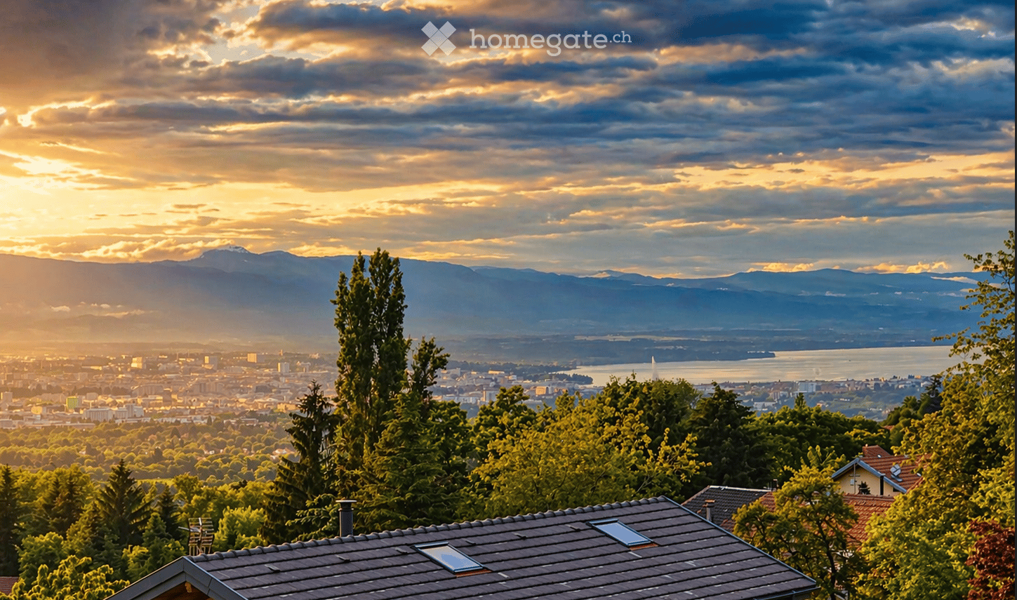 House with a view of the city and mountains, surrounded by trees, with a sunset in the background