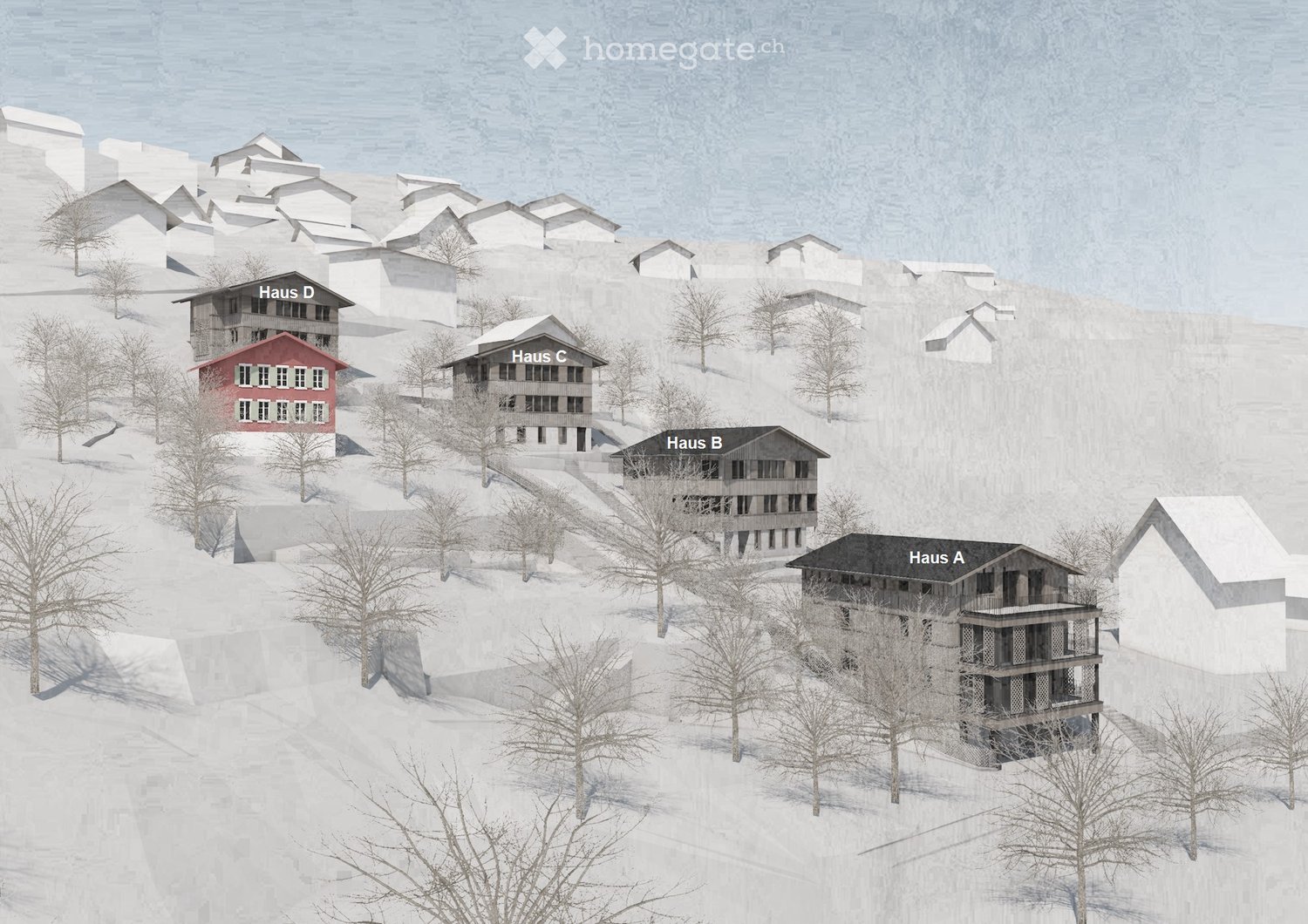 5 houses on a snowy hill, each with different colors and sizes, surrounded by trees and snow