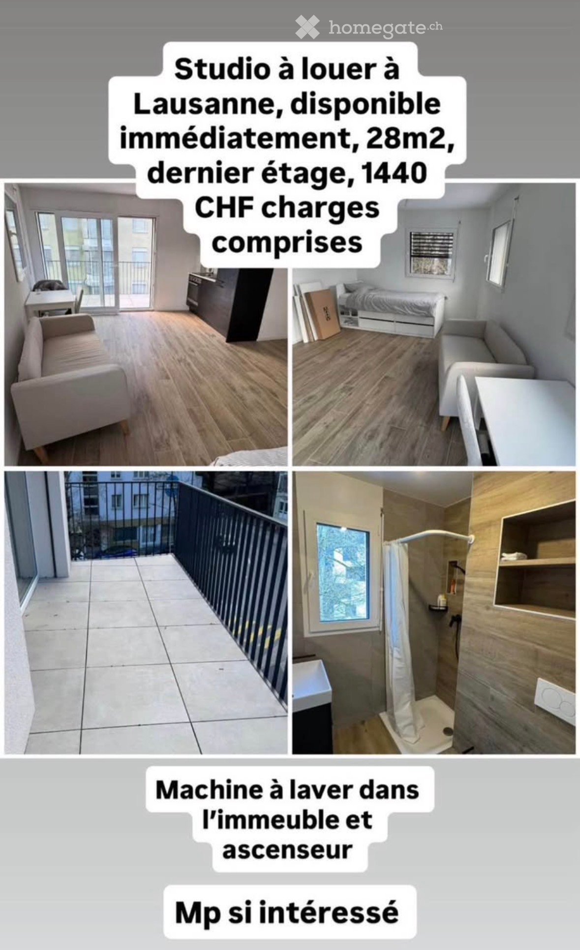 Studio apartment for rent in Lausanne, available immediately, 28m2, last floor, 1440 CHF charges included, wooden floor, balcony, washing machine in the building, elevator
