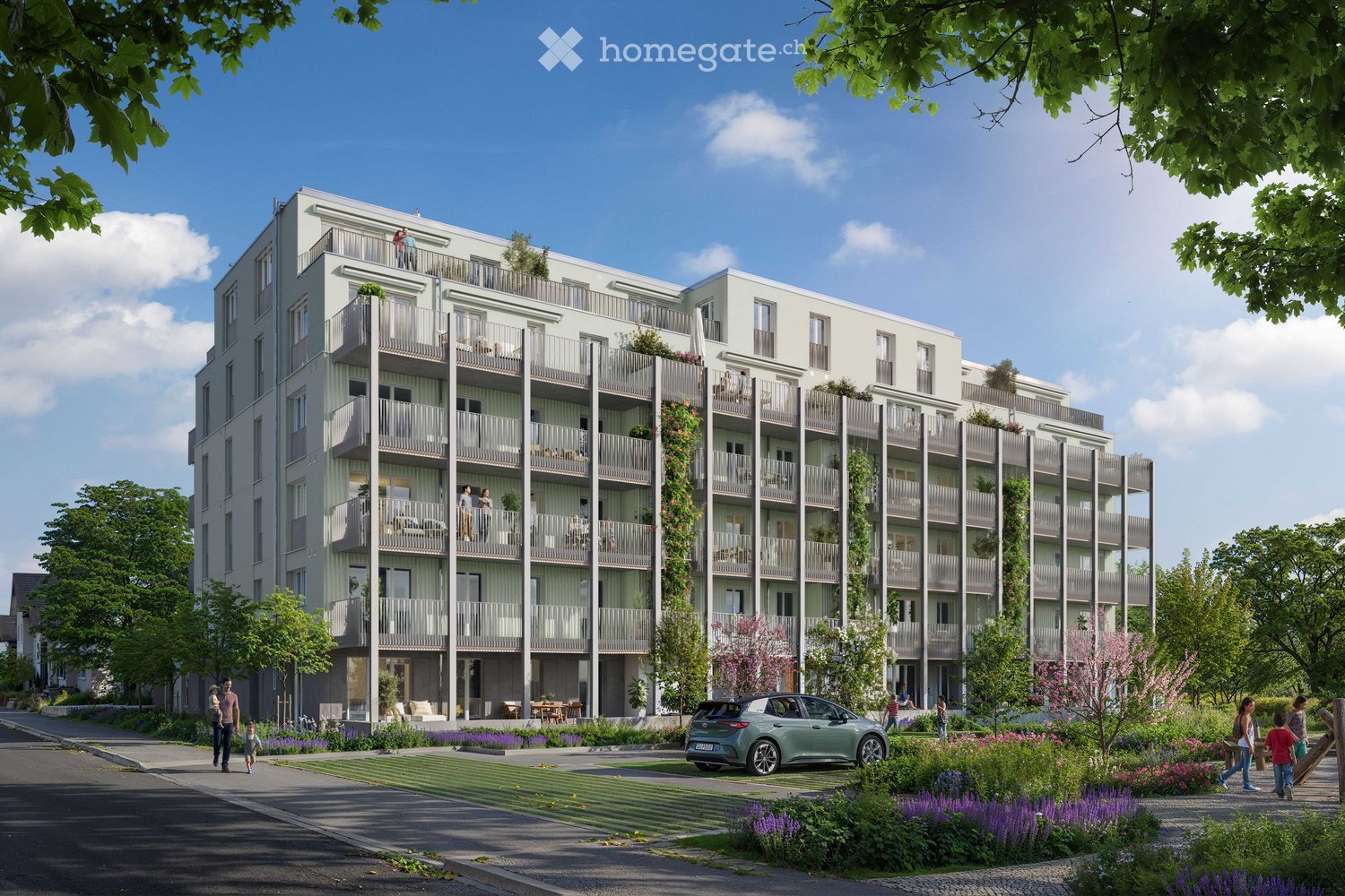 Modern apartment building with multiple balconies, green spaces, and a car parked in front.