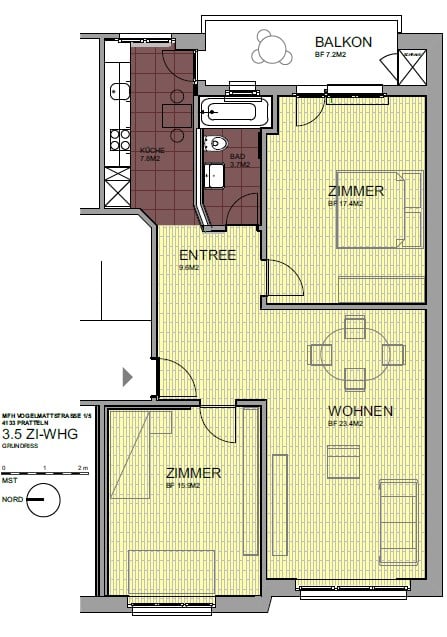 Living room, kitchen, 2 bedrooms, bathroom, balcony