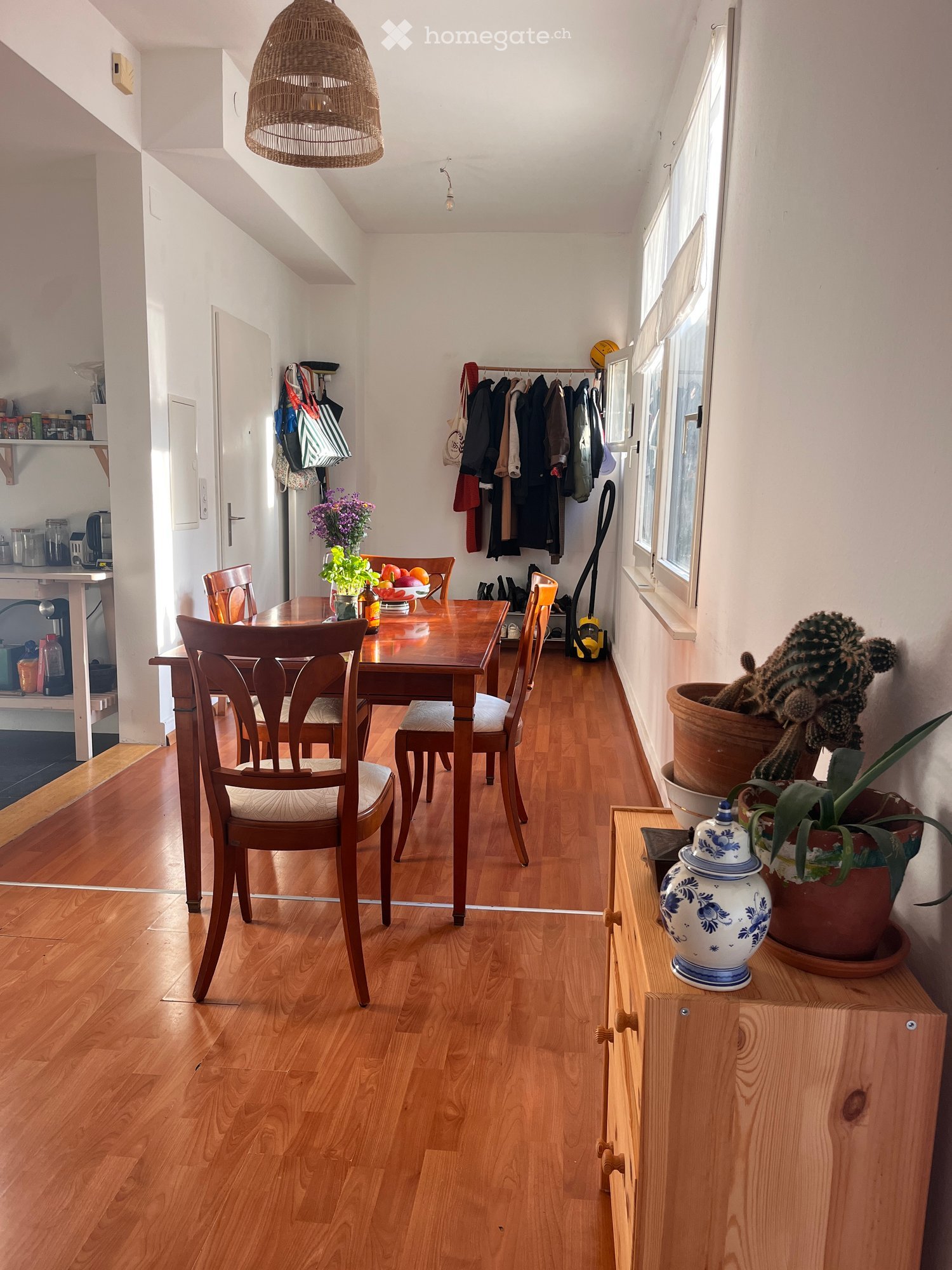 Dining room with wooden floor, dining table, chairs, flower vase, wooden cabinet, potted plants, hanging lamp, clothes rack, shelves, kitchen counter, and appliances.