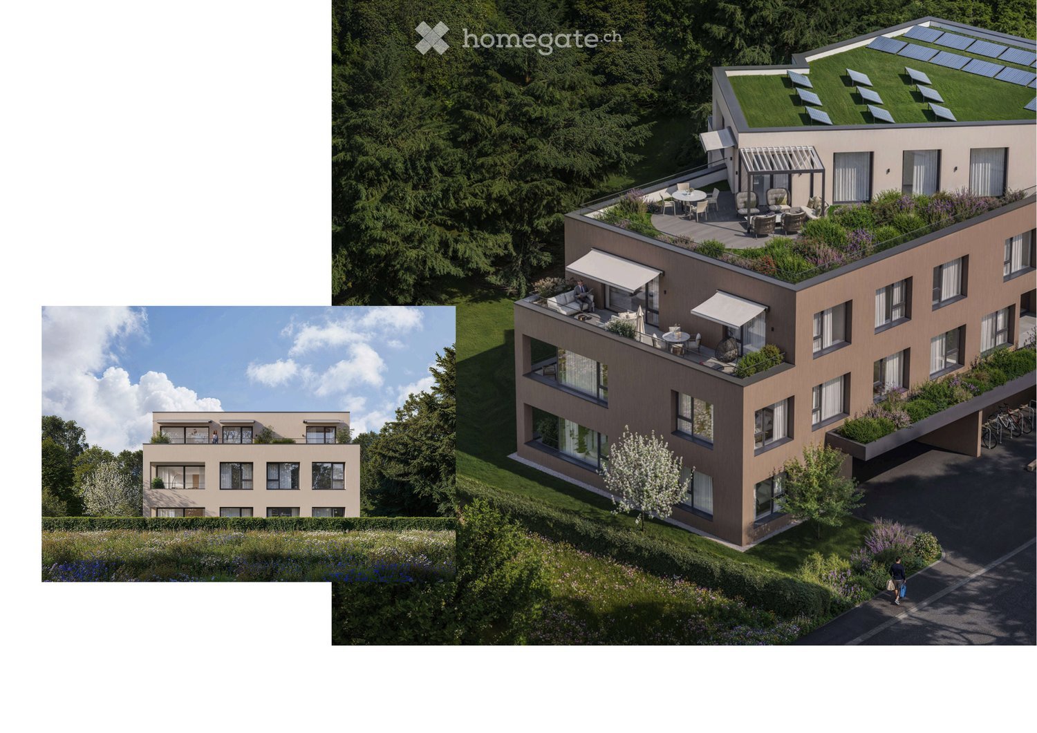 Modern multi-story house with large windows, balconies, and a rooftop terrace surrounded by greenery and trees.