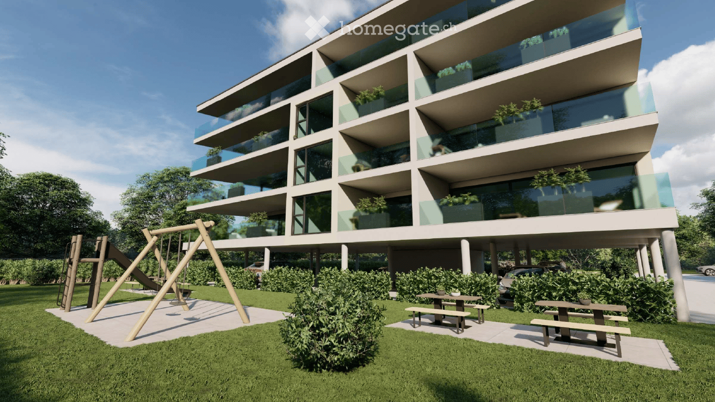 Modern multi-story building with glass balconies, green plants, and a playground area.