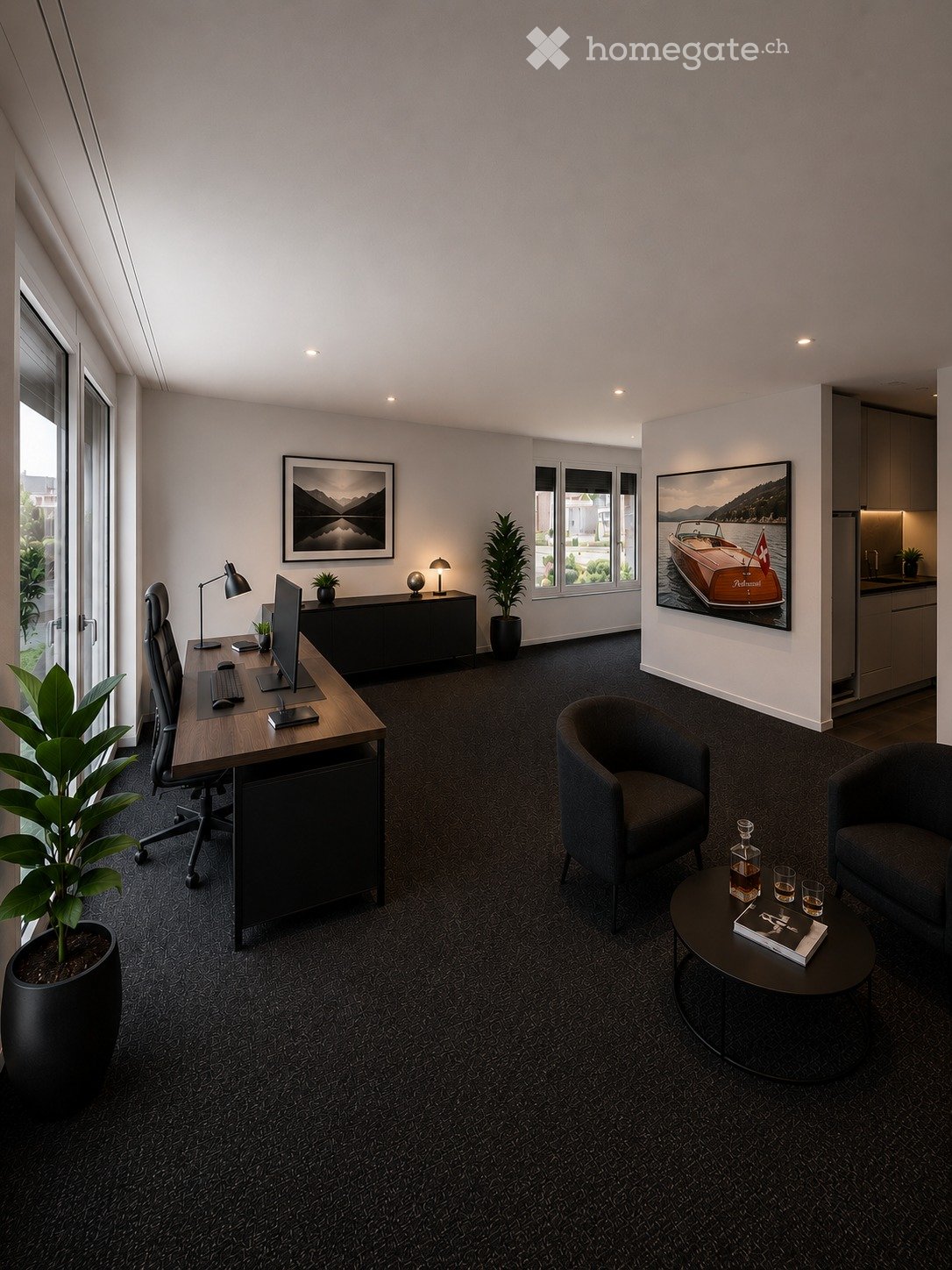 Modern office space with a desk, chairs, a small round table, lamps, and potted plants. The room features large windows and contemporary decor.