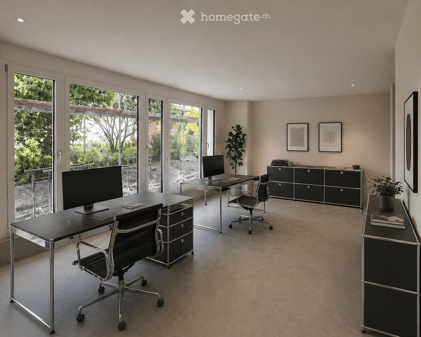 Modern office with two desks, computer monitors, office chairs, cabinets, and plants.