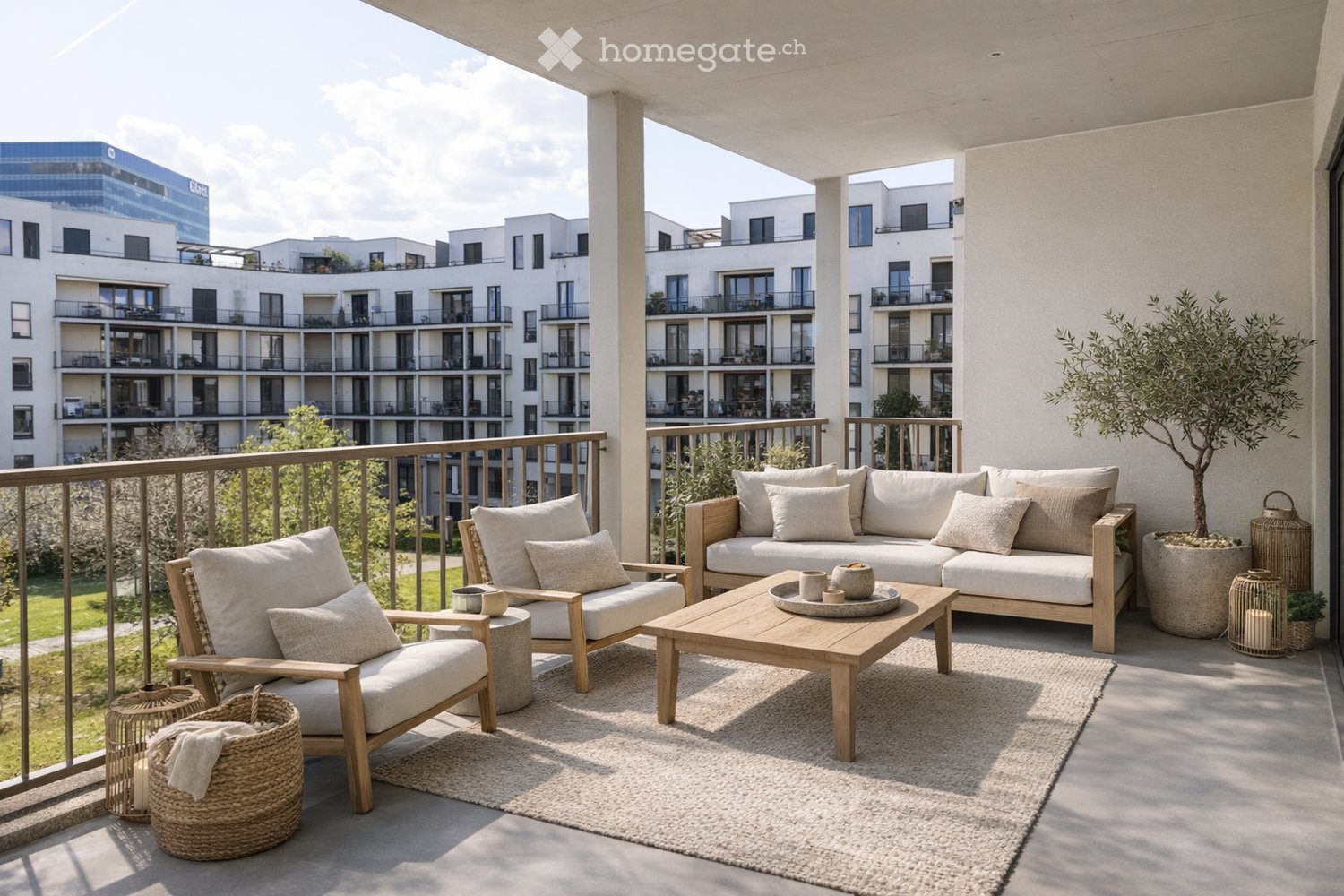 Outdoor balcony with a sofa, chairs, coffee table, rug, and potted plants.