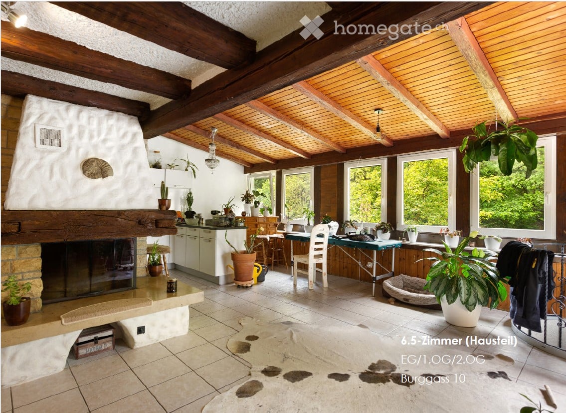 Spacious open-plan living area with wooden beamed ceiling, large windows overlooking greenery, stone fireplace, kitchen with wooden cabinets and countertops, dining area, and various potted plants throughout the space.