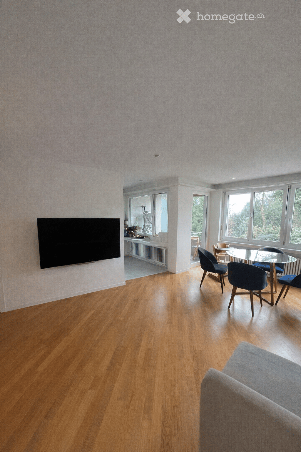 modern design, hardwood floors, white walls, mounted TV, dining table with chairs, daylight from windows