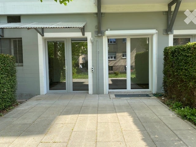 Double glass doors, tiled floor, metal awning, hedges, building with windows