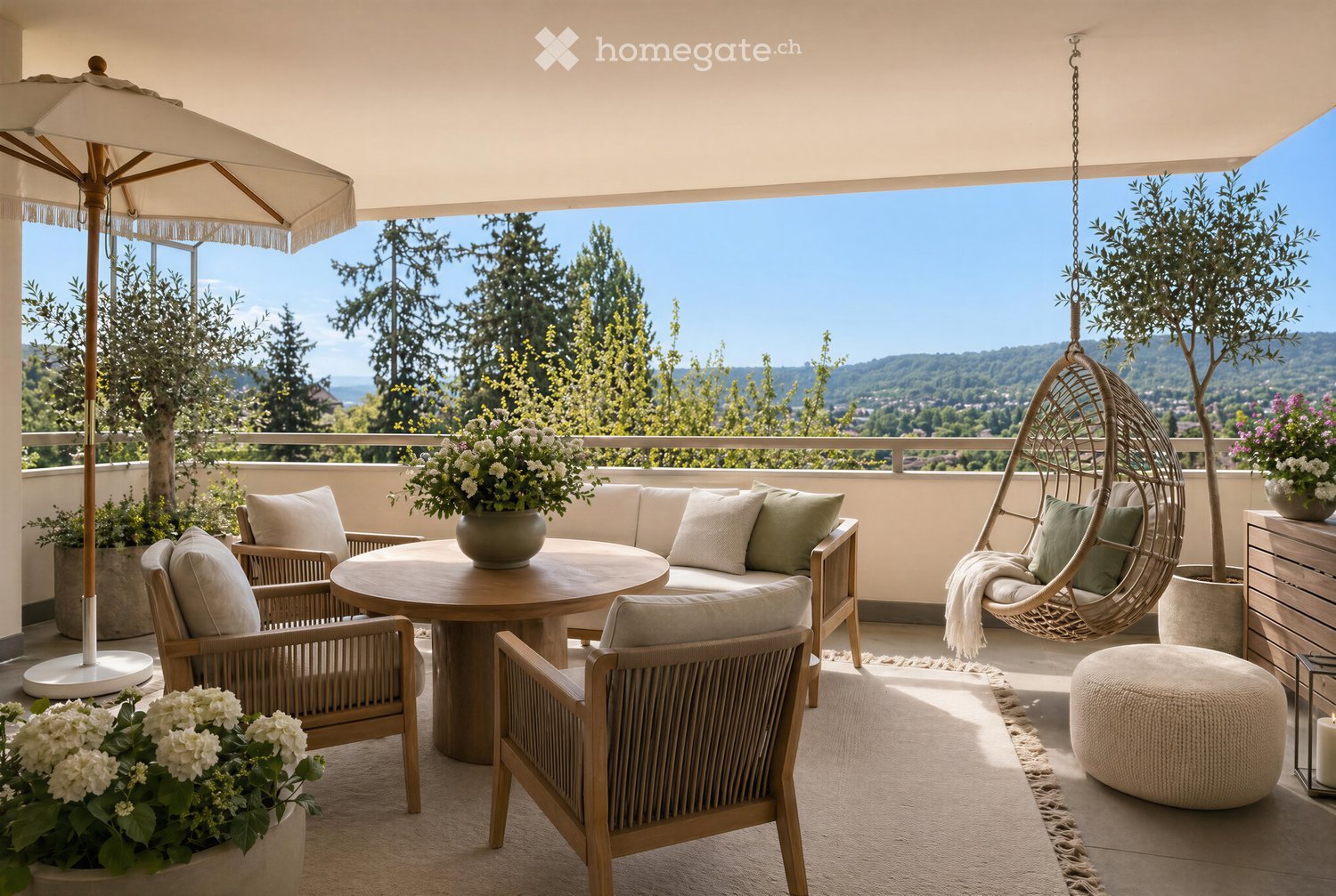 Outdoor terrace with wooden furniture, hanging swing, and a table with a vase of flowers.