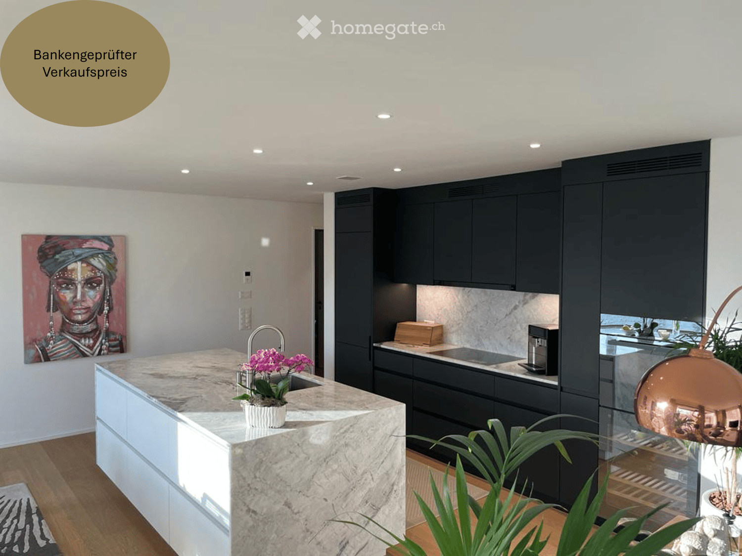 Modern kitchen with dark cabinetry, marble countertop, sink, faucet, potted plant, and a decorative painting on the wall.