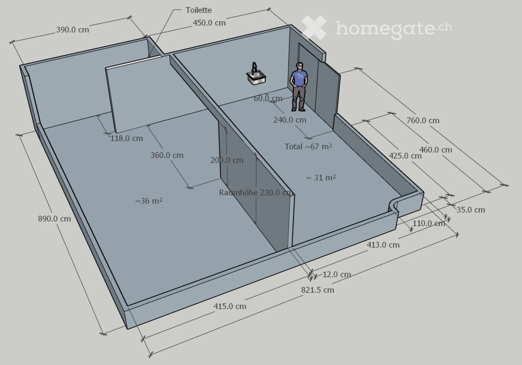floor plan, total area >67 m^2, dimensions and labels provided, including room height 230.0 cm, two separate sections, toilet area, and sink.
