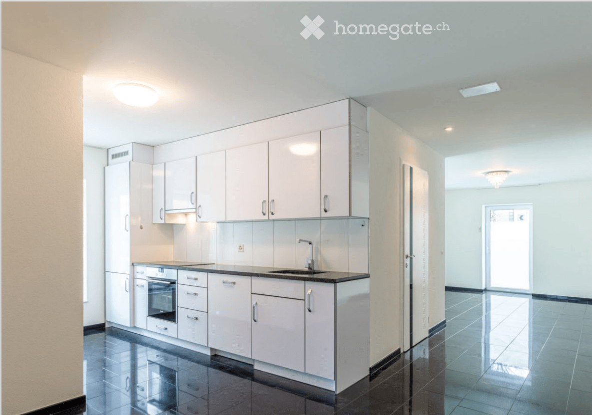 white cabinets, black tiled floor, sink with faucet, oven, dishwasher, refrigerator