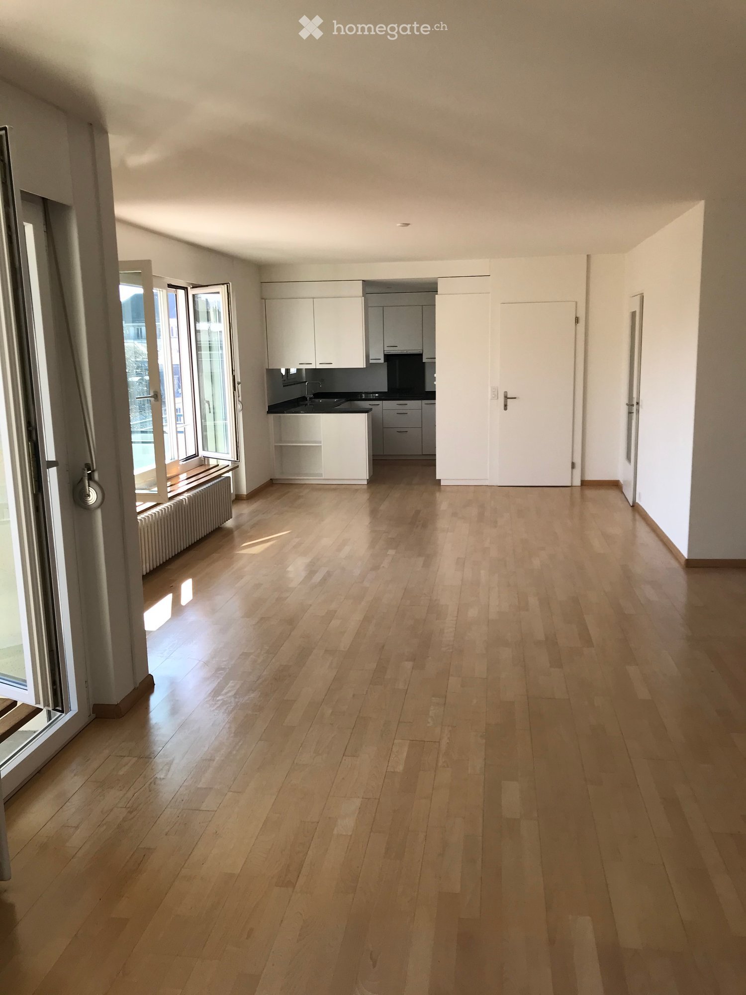 large open space, wooden floor, white walls, large windows, balcony, kitchen area