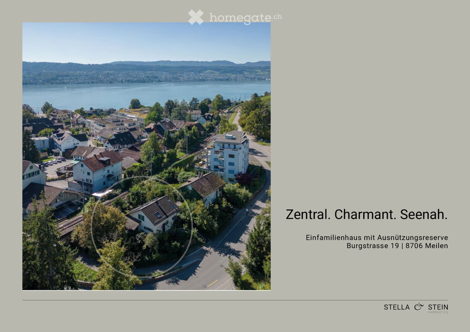 House. Aerial view of a charming family house with a lake in the background.