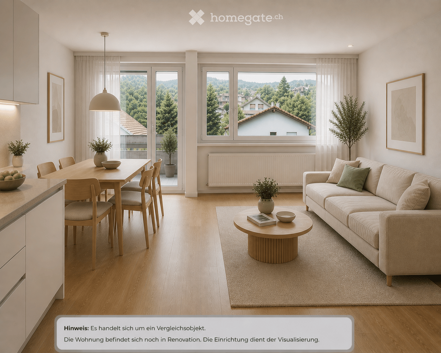 Furnished Room. Open-plan living and dining area with a view, wooden floor, dining table, chairs, couch, coffee table, plants, picture frames, radiator.