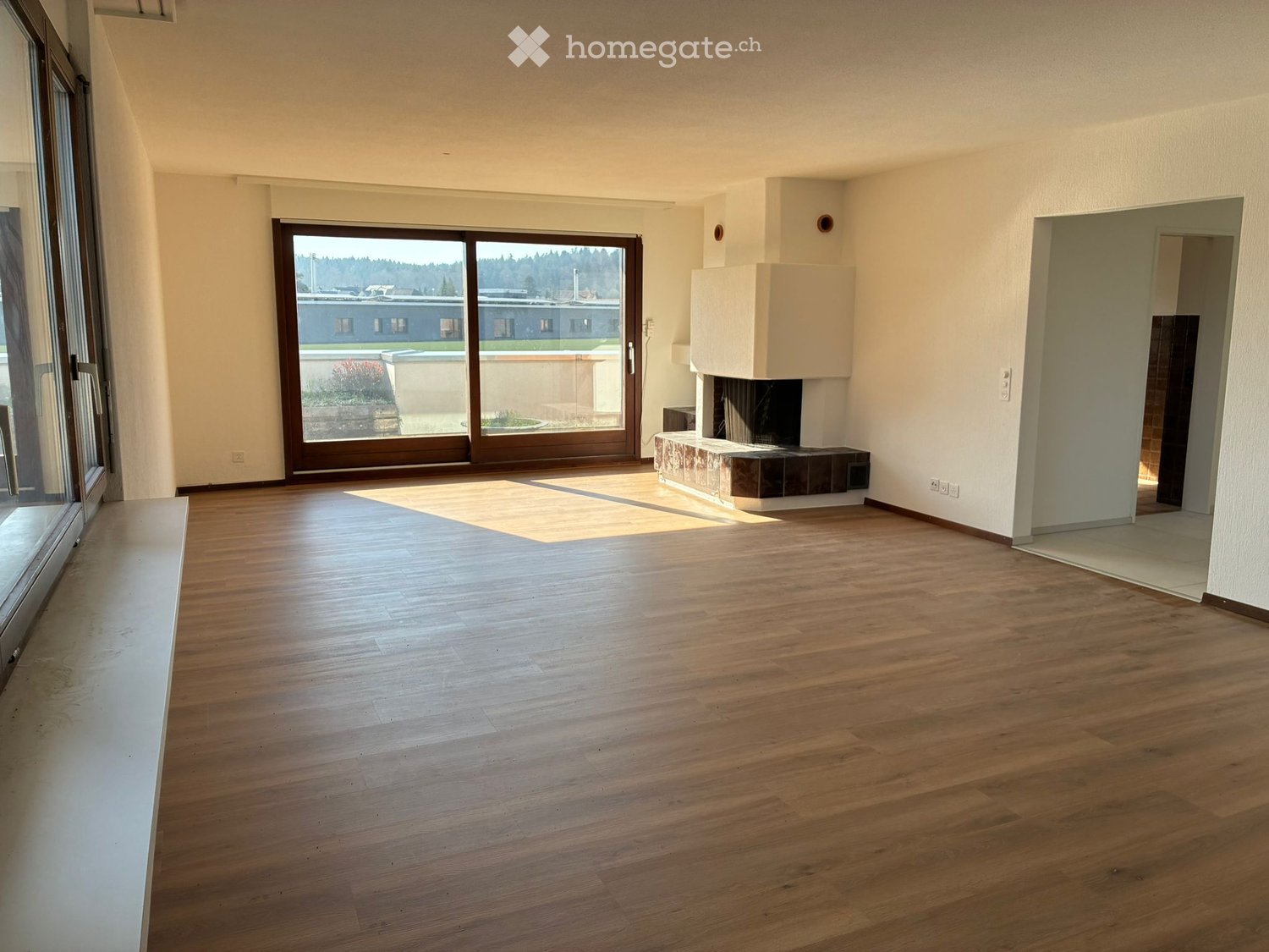 large room, wooden floor, fireplace, sliding glass doors, balcony, large windows