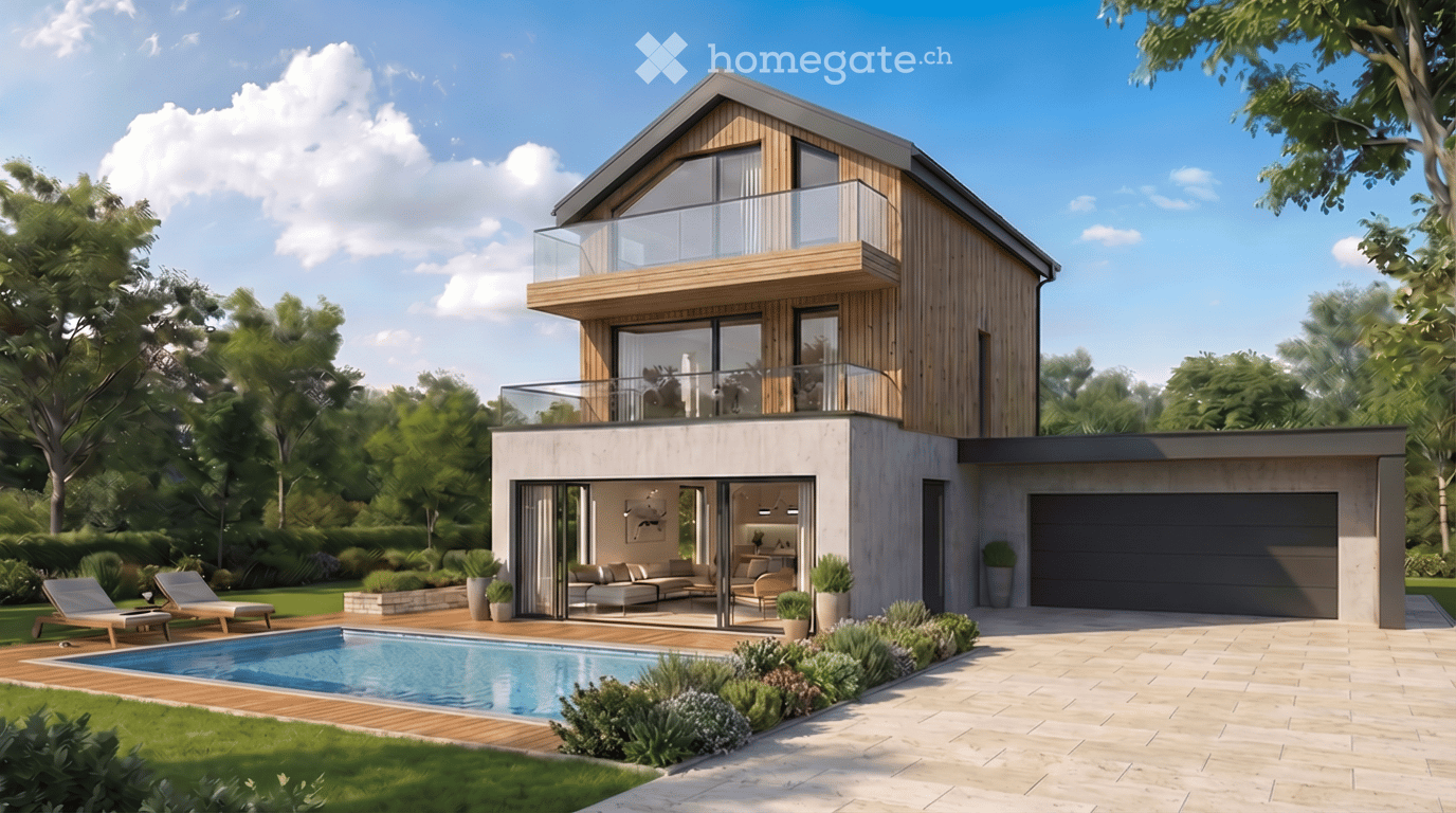 modern house, 2 stories, wooden exterior, glass balcony, swimming pool, garage