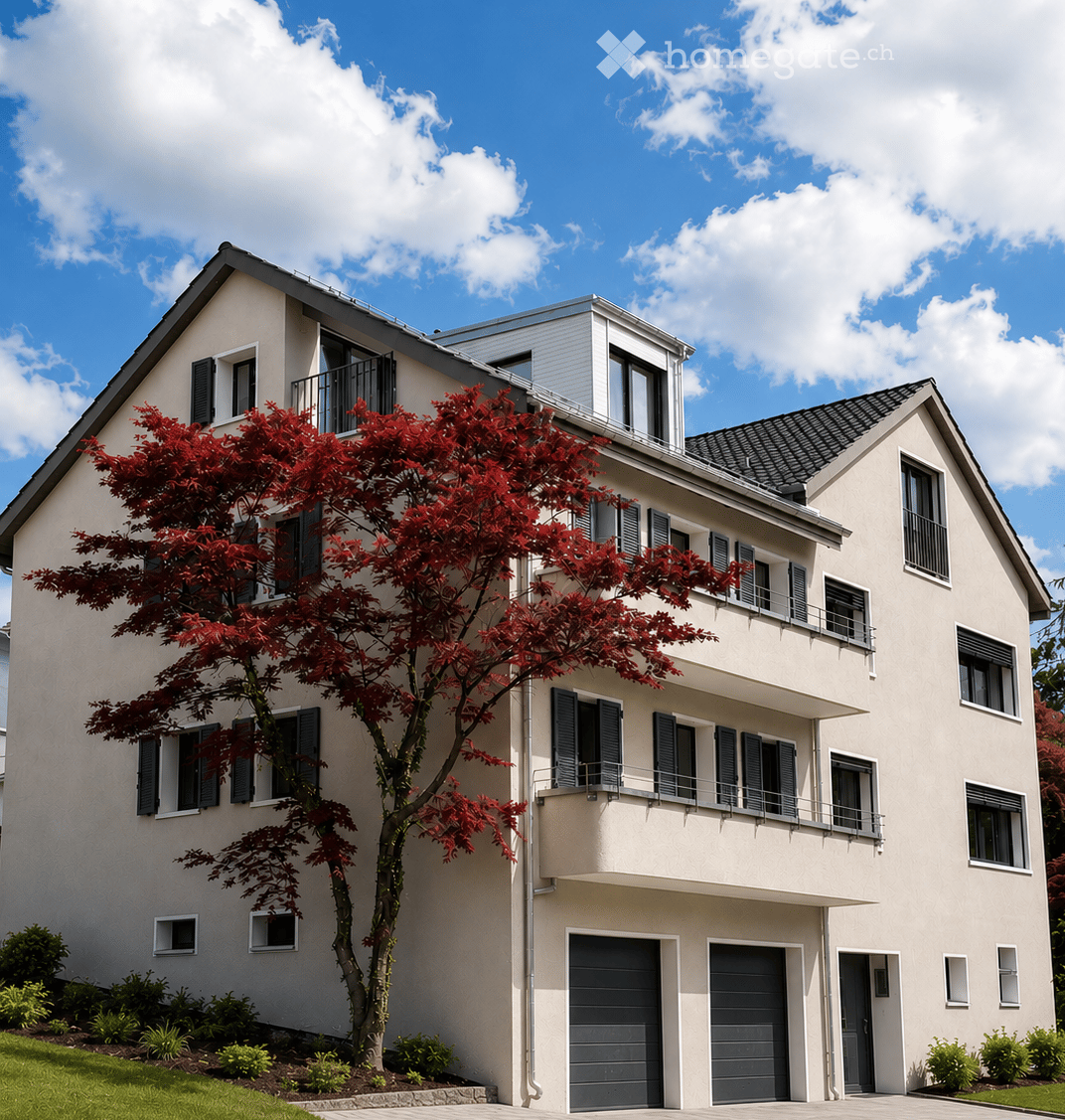 Modern two-story house with beige exterior, multiple windows, balconies, and a garage. A red-leaved tree is in the front yard.