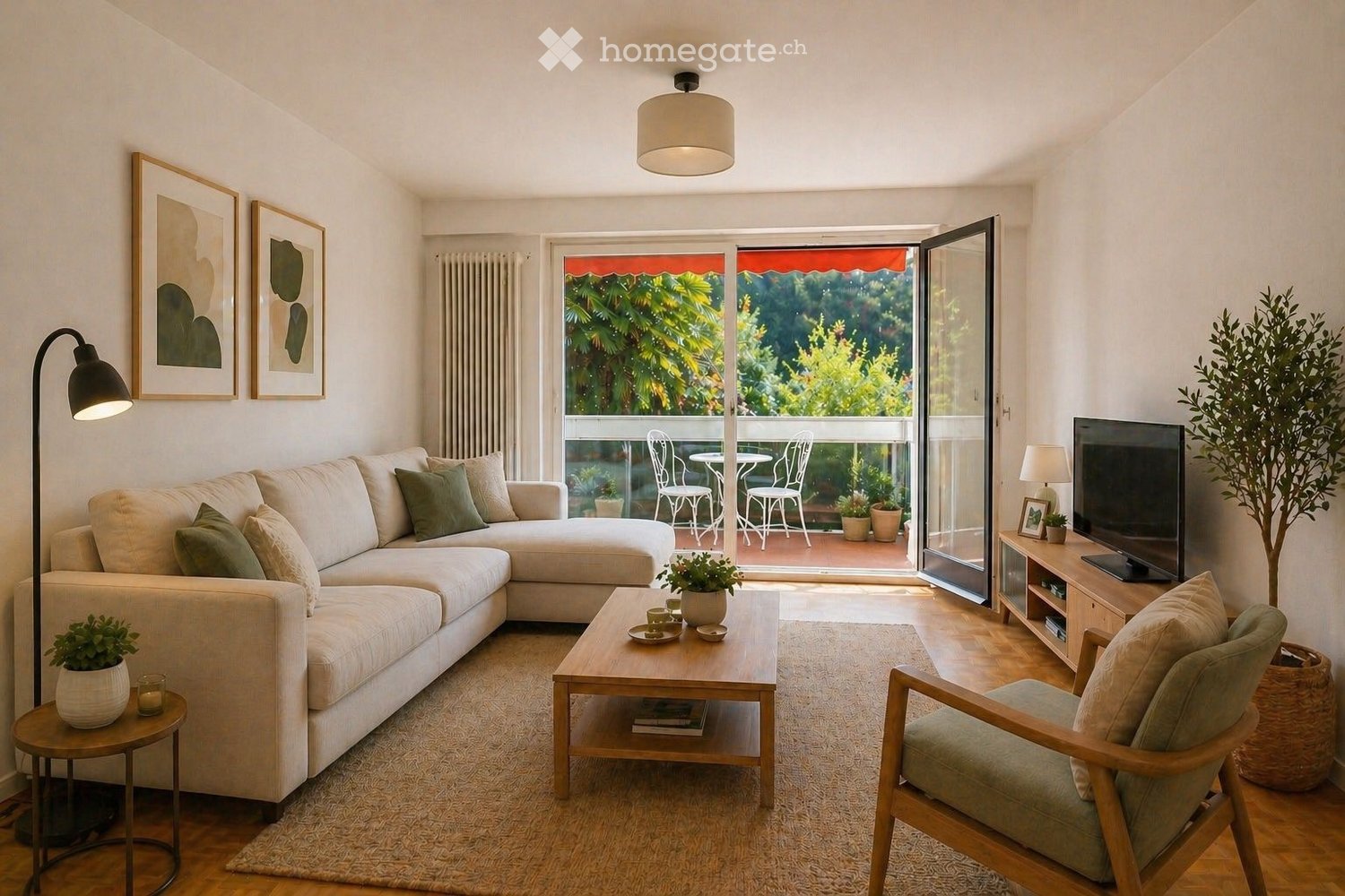 Modern living room with a large sectional sofa, coffee table, armchair, TV, and a balcony with outdoor furniture visible through large glass doors.